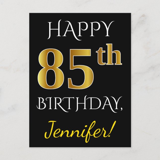 Postal Negro, Faux Gold 85th Birthday + Nombre personaliz (Anverso)