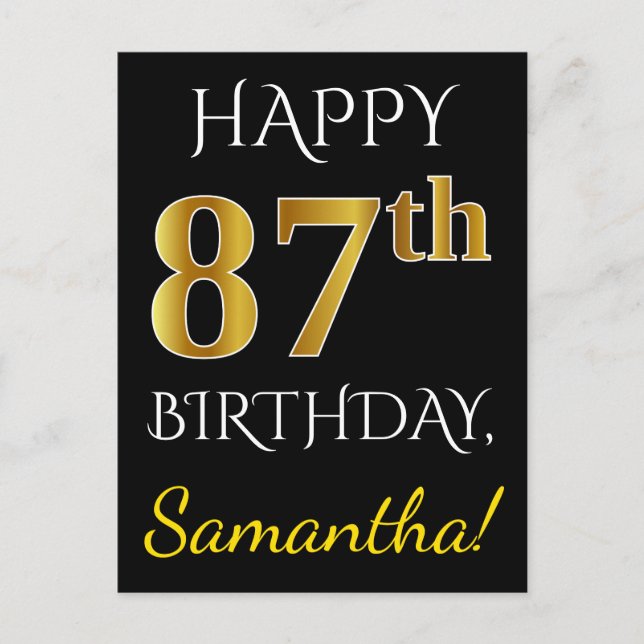 Postal Negro, Faux Gold 87th Birthday + Nombre personaliz (Anverso)