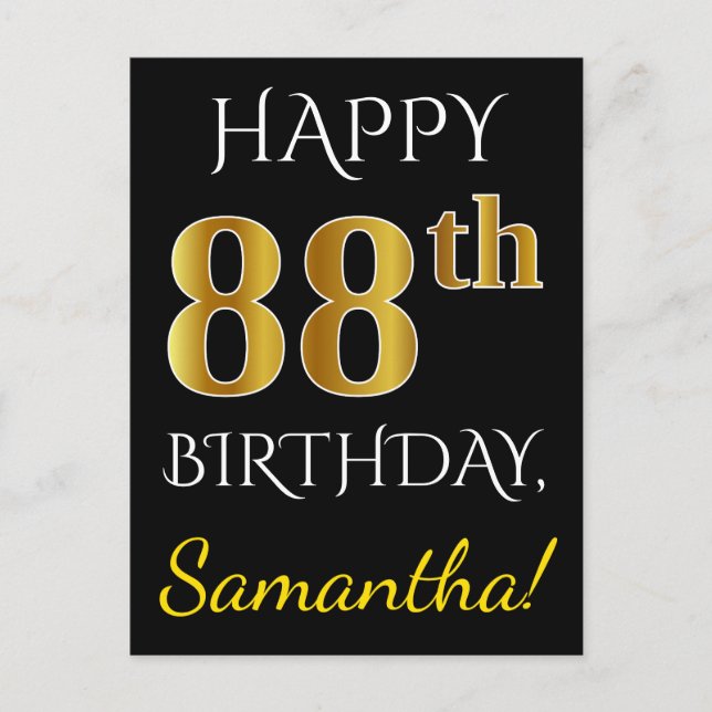 Postal Negro, Faux Gold 88th Birthday + Nombre personaliz (Anverso)