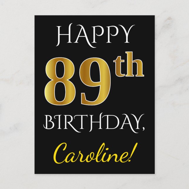 Postal Negro, Faux Gold 89th Birthday + Nombre personaliz (Anverso)