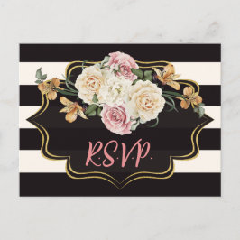 Postal Negro intenso, rayas de marfil, flores RSVP