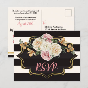 Postal Negro intenso, rayas marfil, flores RSVP