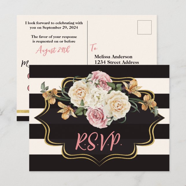 Postal Negro intenso, rayas marfil, flores RSVP (Anverso / Reverso)