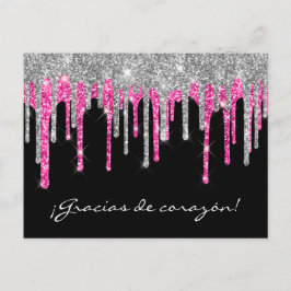 Postal Negro Plateado Rosa Brillo Goteo Quinceañera Graci