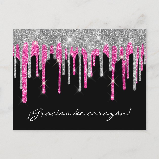 Postal Negro Plateado Rosa Brillo Goteo Quinceañera Graci (Anverso)