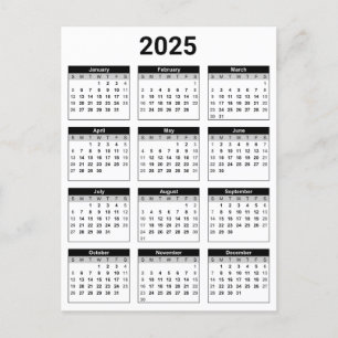 Postal Negro y blanco 2025 año a un calendario de resumen