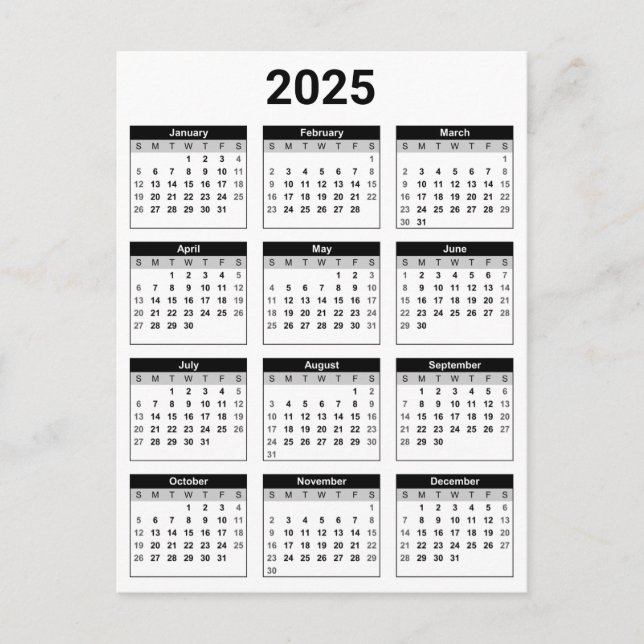 Postal Negro y blanco 2025 año a un calendario de resumen (Anverso)