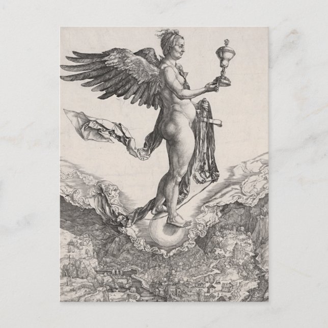 Postal Némesis, grabado por Albrecht Durer (Anverso)