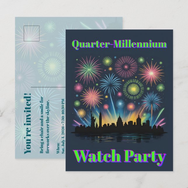 Postal Neon Fireworks Invite • 1776–2026 Celebration (Anverso / Reverso)