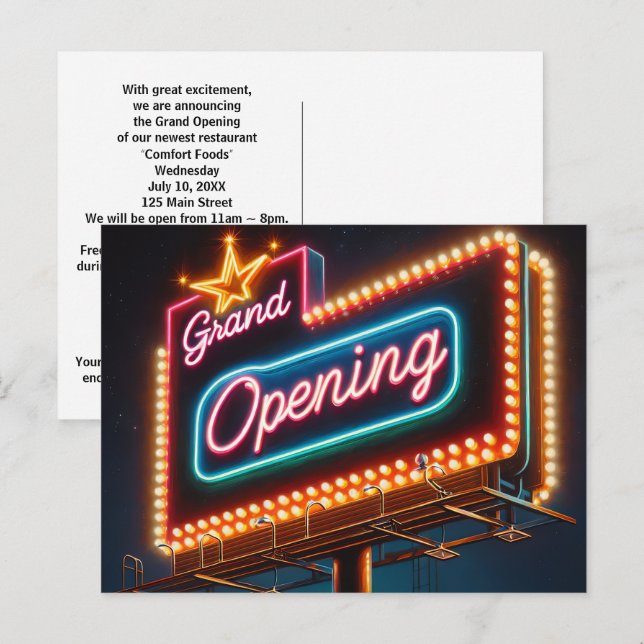 Postal Neon Grand Opening Billboard Para Nuevos Negocios (Anverso / Reverso)