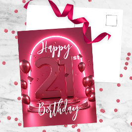 Postal Neon Pink GIGHT Balloons Confetti 21º cumpleaños