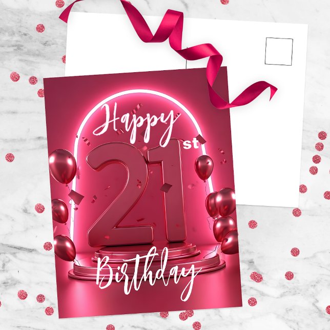Postal Neon Pink GIGHT Balloons Confetti 21º cumpleaños (Subido por el creador)