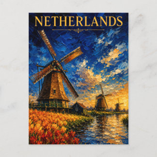 Postal Netherlands: Golden Sunset Windmill Art Souvenir