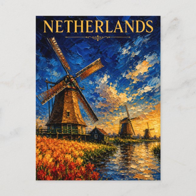 Postal Netherlands: Golden Sunset Windmill Art Souvenir (Anverso)