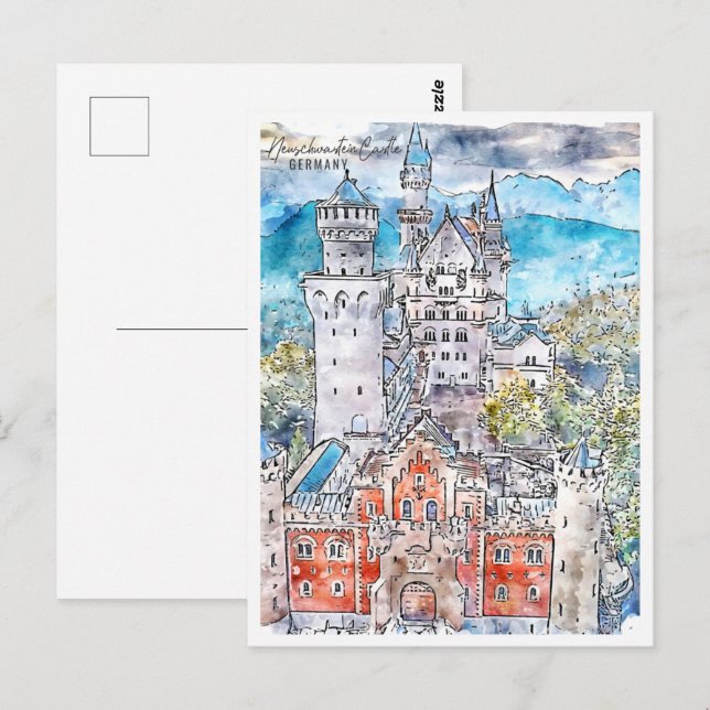 Postal Neuschwanein Castle Alemania Travel Watercolor (Anverso / Reverso)