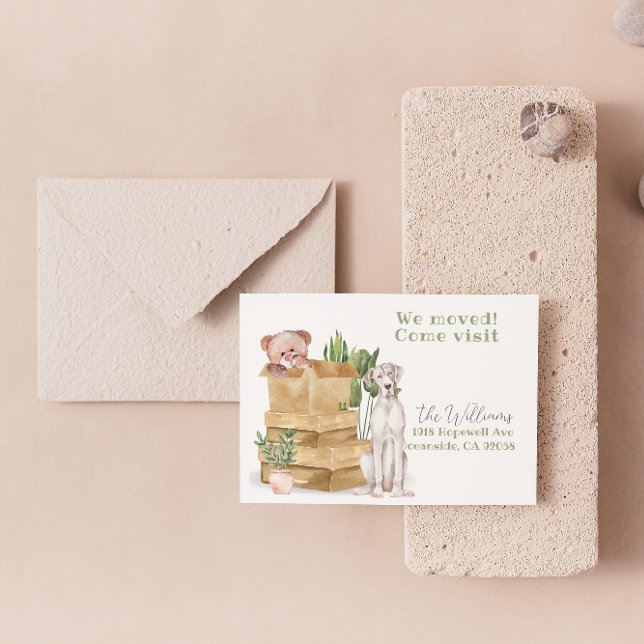Postal new address dog, teddy bear moving announcement (Subido por el creador)