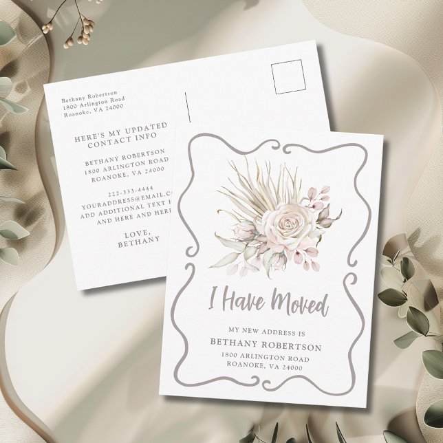 Postal New Home Boho Blush Pink Roses Moving (I Have Moved Boho Blush Pink Roses with Eucalyptus New Address Postcard)