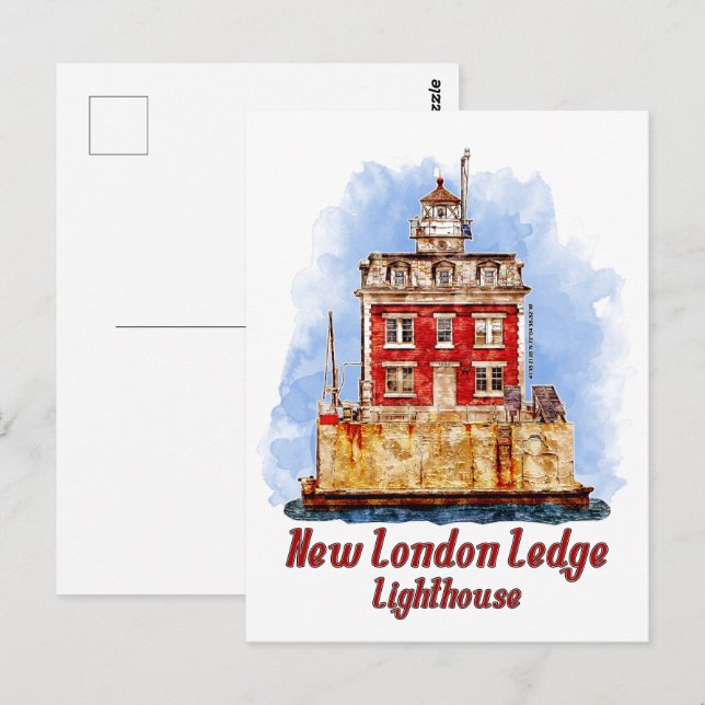 Postal New London Ledge Lighthouse Watercolor Connecticut (Anverso / Reverso)