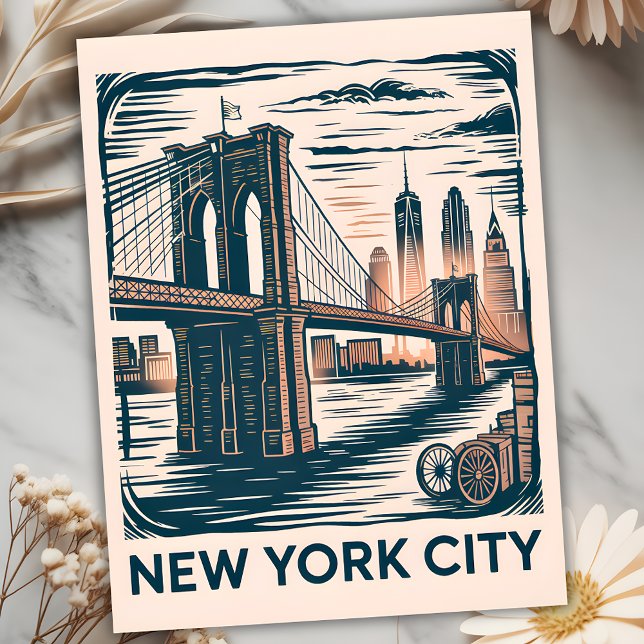 Postal New York City Brooklyn Bridge Bold Retro Skyline (New York City Brooklyn Bridge Bold Retro Skyline Postcard)