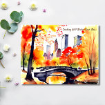 Postal New York park fall watercolor bienvenido<br><div class="desc">New York park fall acuarela bien desea pensar en su postal. Acuarela Parque central de Nueva York con hojas de follaje amarillas río puente</div>