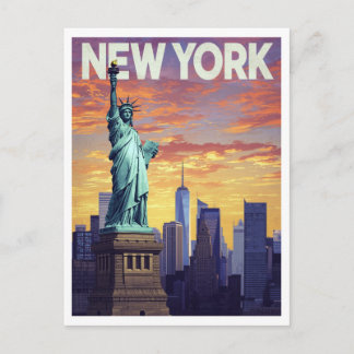 Postal New York Travel Poster: Statue of Liberty Sunset