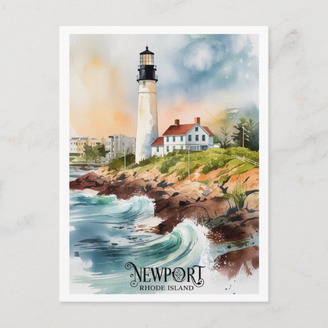 Postal Newport, pintura del faro de Rhode Island (Anverso)
