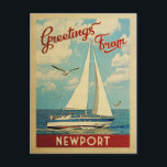Postal Newport Sailboat Vintage Travel Oregon<br><div class="desc">Este diseño náutico vintage de Greetings From Newport Oregon incluye un barco que navega en el agua con gaviotas y un cielo azul lleno de hermosas nubes blancas.</div>