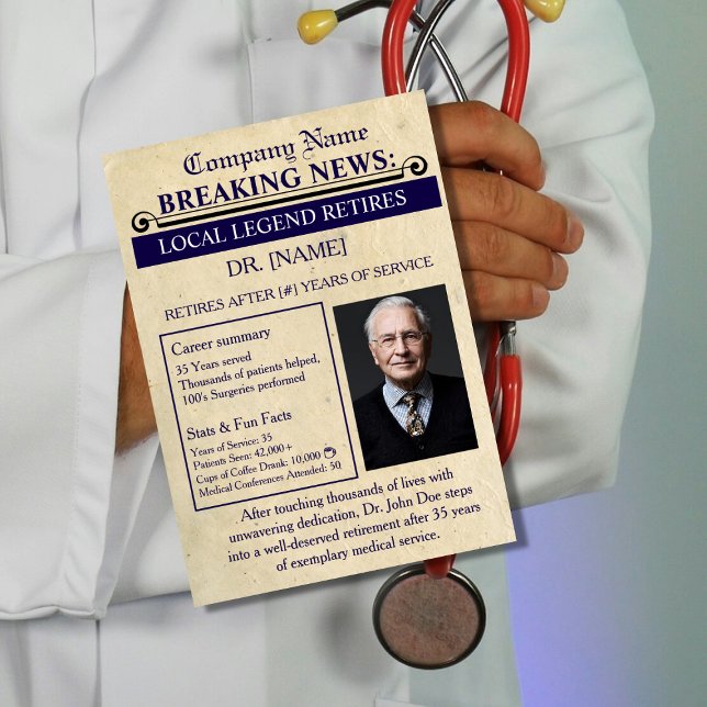 Postal Newspaper Style Doctor Retirement Card | Custom (Subido por el creador)