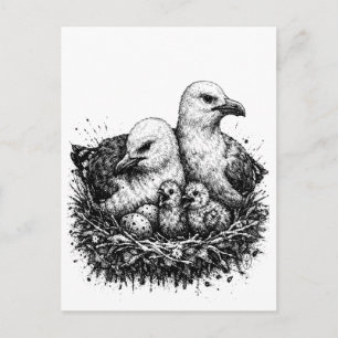Postal Nido de familia de pájaros – Ilustración de tinta 