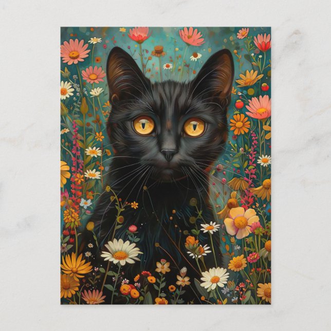 Postal niedliche Illustration schwarze Katze mit Blumen (Anverso)