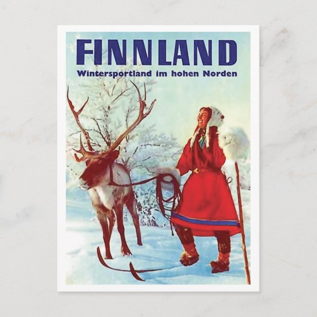 Postal Nieve de Finnland, mujer esquiando con ciervo, cos (Anverso)
