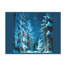 Nieve de invierno en un bosque de pinos estrellado