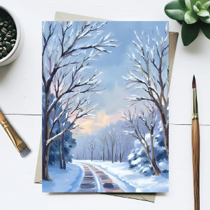 Postal Nieve Fresca Carretera de Invierno Acuarela Natu