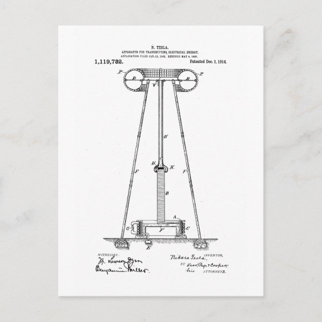 Postal Nikola Tesla Energy Transmission Pantent US1119732 (Anverso)