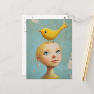 Postal Niña adorable con el pájaro amarillo en la cabeza