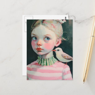 Postal Niña adorable con el pájaro en su hombro