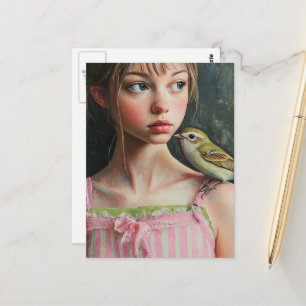 Postal Niña adorable con pájaro lindo en su hombro