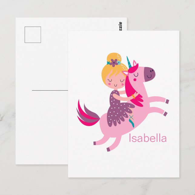 Postal Niña Adorable de Cabello Amarillo Montando un Unic (Anverso / Reverso)