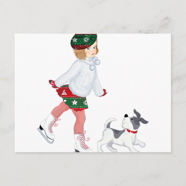 Postal Niña adorable patinando en hielo y perro (Anverso)
