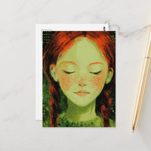 Postal Niña Adorable Pelo Rojo y Pecas Lunares Verdes