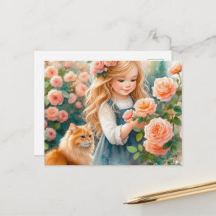Postal Niña Adorable Recogiendo Rosas con Gato Rojizo