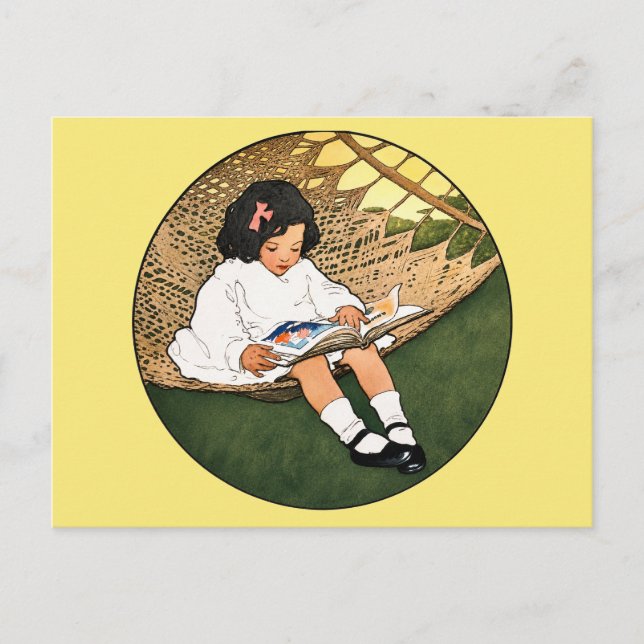 Postal Niña antigua leyendo en una hamaca (Anverso)