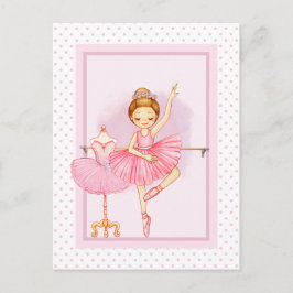 Postal Niña bailarina y oso de peluche lunares rosas 