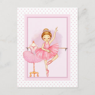 Postal Niña bailarina y oso de peluche lunares rosas