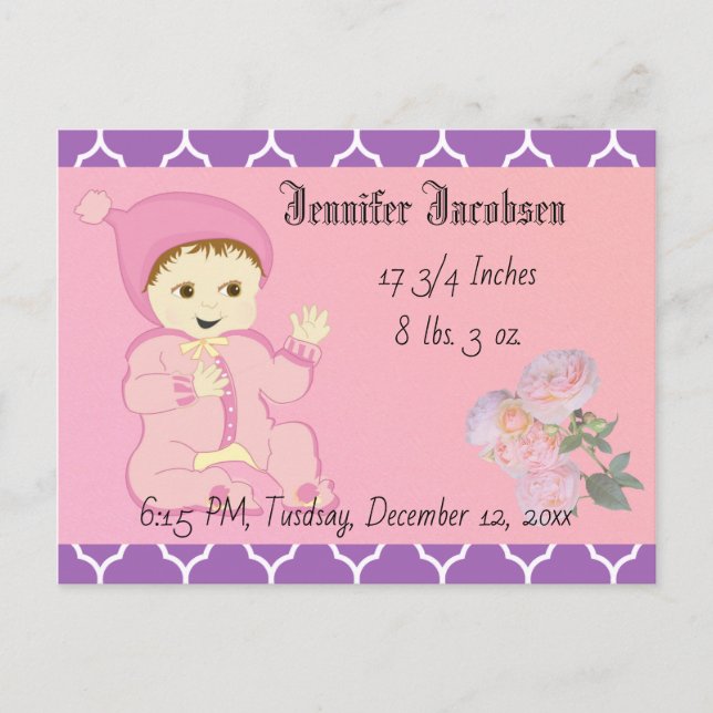 Postal Niña bebé en rosa con flores (Anverso)