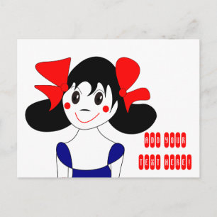 Postal Niña Bonita con Lazos Rojos Ilustración Infantil