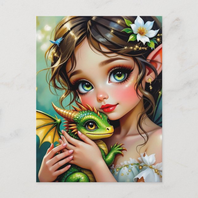 Postal Niña bonita con tema de hada y dragón   (Anverso)