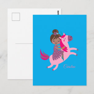 Postal Niña bonita de pelo castaño montando un unicornio