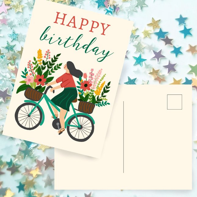 Postal Niña Bonita Montando Bicicleta con Flores Feliz Cu (Cute Girl Riding Bicycle w Flowers Happy Birthday Postcard
)