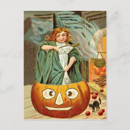 Postal Niña bruja está cocinando en una calabaza grande